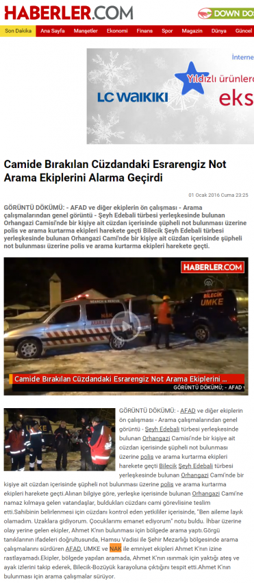 Camiye bırakılan cüzdandaki esrarengiz not arama ekiplerini alarma geçirdi