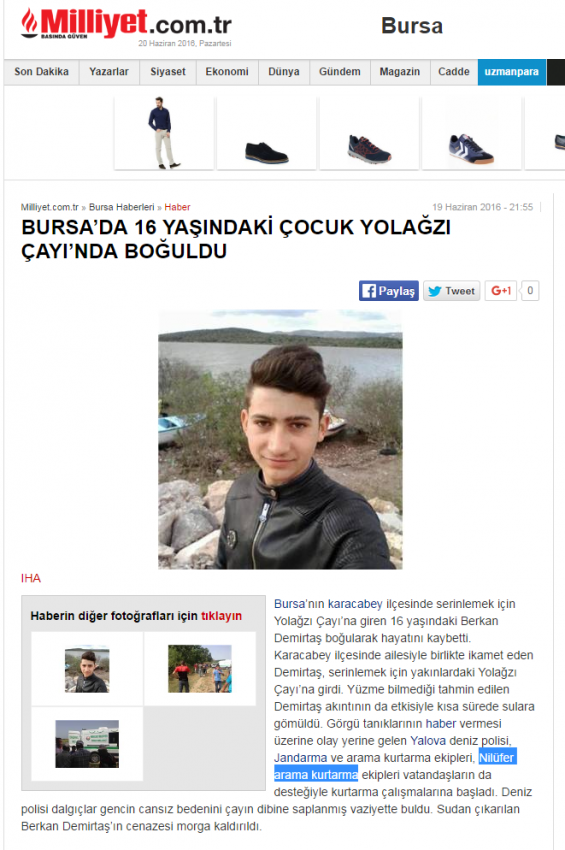 Bursa'da 16 yaşındaki çocuk Yolağzı Çayında boğuldu