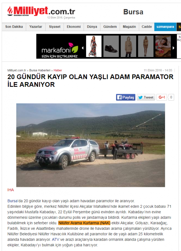 20 gündür kayıp olan yaşlı adam paramotor ile aranıyor